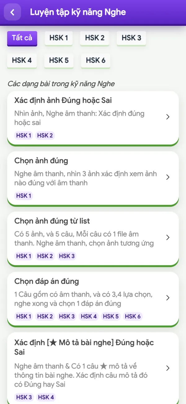 Các dạng bài luyện kỹ năng Nghe HSK 1 đến HSK 6